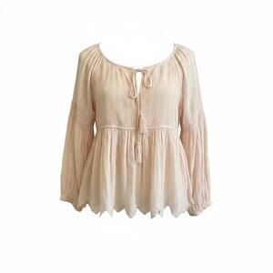 Love Sam Light Pink/Ecru Metallic Thread Detail Boho Tie-Front Blouse - Small